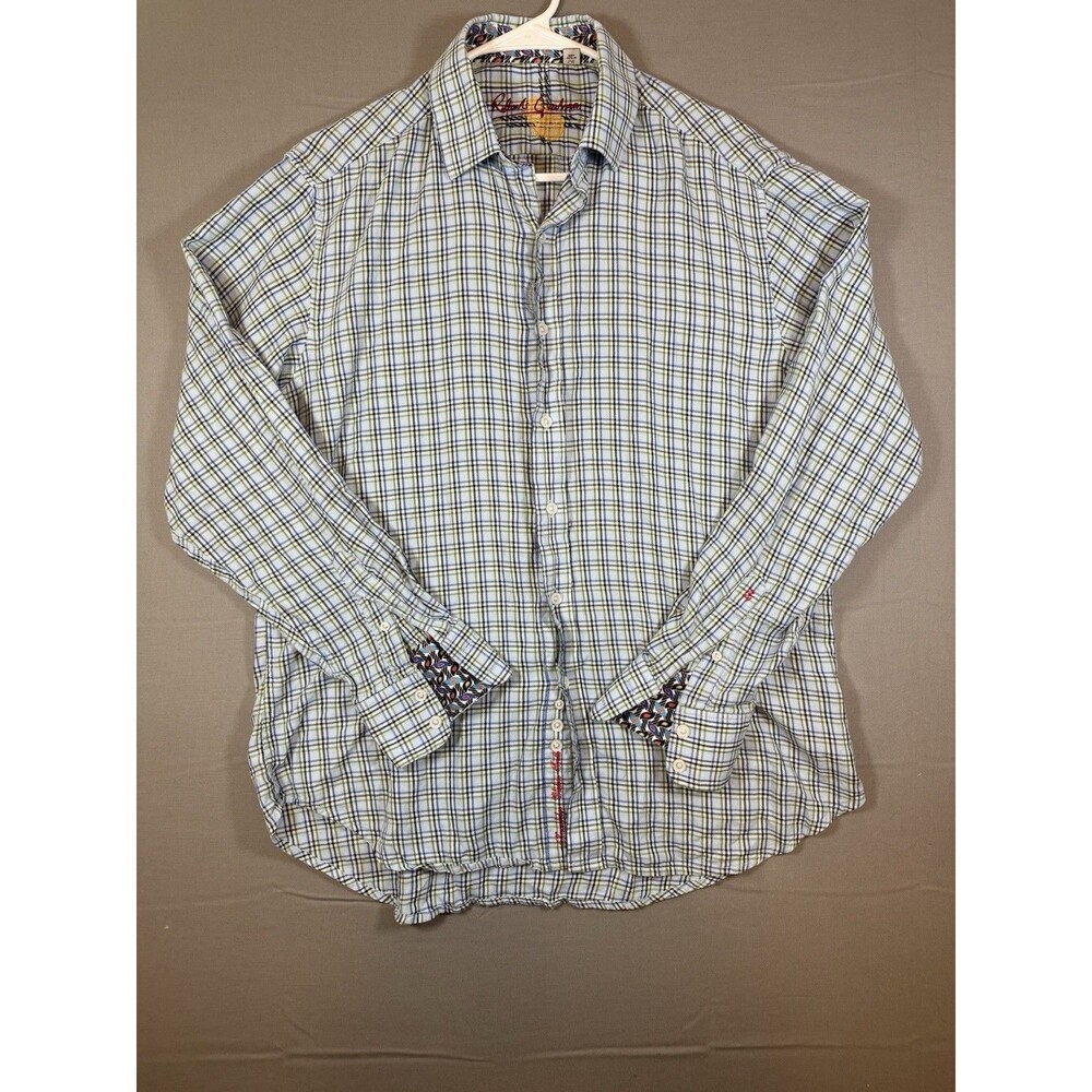 Robert Graham Mens L/G Blue Green Plaid Cotton Button-Up Shirt Embroidered